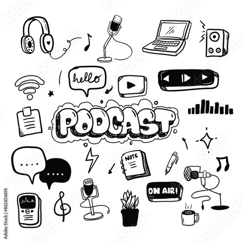 Podcast doodle icons vector set. Hand drawn style illustration