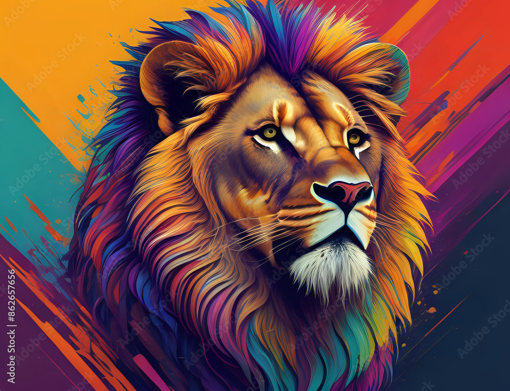 Fototapeta Löwen Kopf im Profil mit bunter Mähne