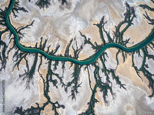 Aerial view of meandering river and flood plain in Gulf of Carpentaria, Burketown, Queensland, Australia. photo