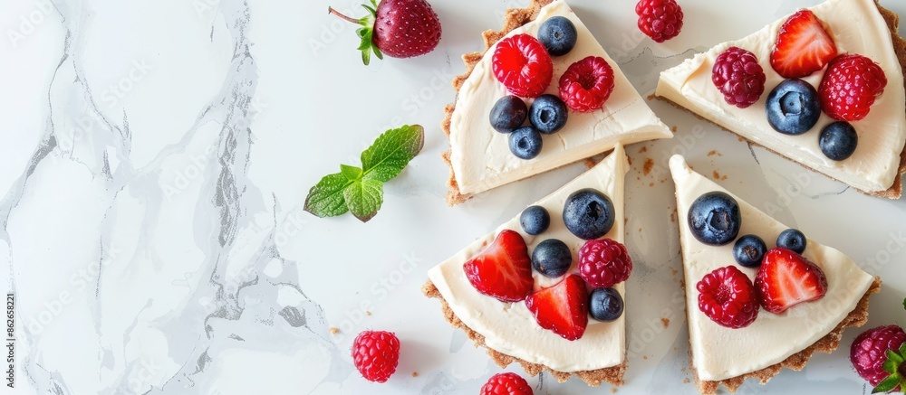 Delicious cheesecake slices adorned with fresh berries on a serene white backdrop in a copy space image. Delicious cheesecake slices adorned with fresh berries on a serene white backdrop in a copy space image.