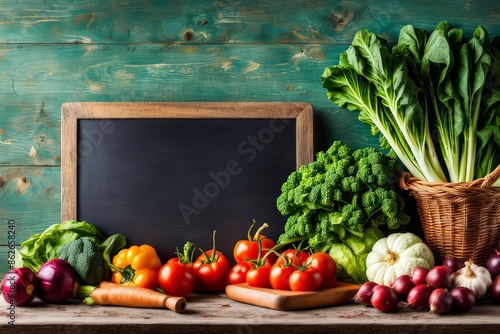 A variety of fresh vegetables radishes arranged on a rustic wooden surface with a chalkboard in a wooden frame in the background, Vibrant colors and a wood-paneled background.
