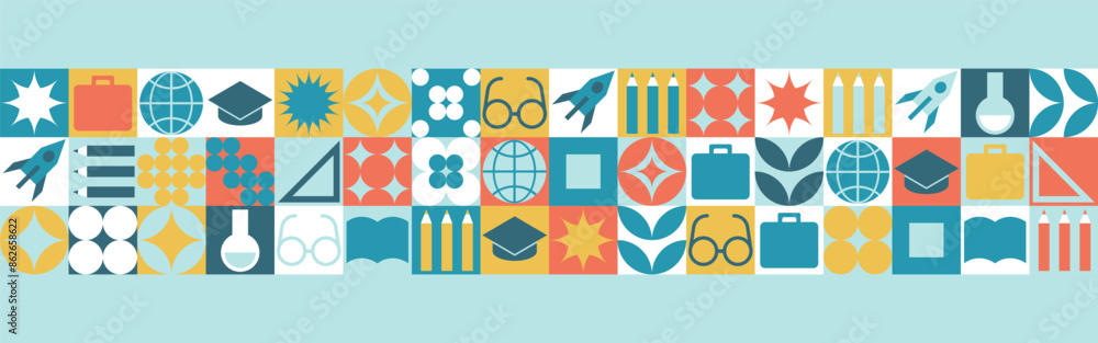 School seamless background for a stand made of geometric shapes, colored mosaic in a trendy style. Student and office worker template for wallpaper and web cover - globe, book. glasses, pencils. School seamless background for a stand made of geometric shapes, colored mosaic in a trendy style. Student and office worker template for wallpaper and web cover - globe, book. glasses, pencils.