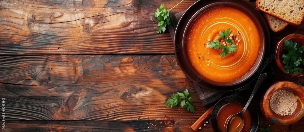 Top view image featuring dietary carrot puree soup with toast bread, with a free copy space. Top view image featuring dietary carrot puree soup with toast bread, with a free copy space.