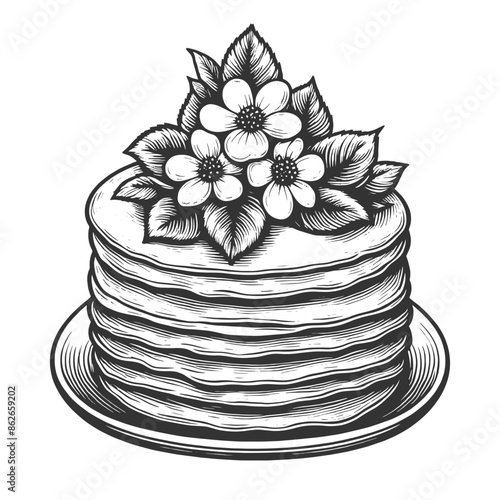 pancakes with flowers and maple syrup sketch engraving generative ai fictional character vector illustration. Scratch board imitation. Black and white image.