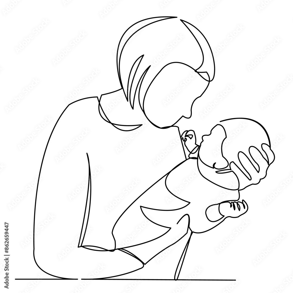 Fototapeta premium continuous single drawn one line woman in hospital with a newly born child drawn by hand picture silhouette. Line art. character mother with newborn baby. doodle