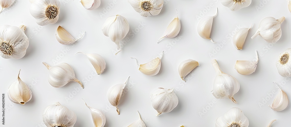Many garlic cloves are arranged on a white background, creating a visually appealing copy space image. Many garlic cloves are arranged on a white background, creating a visually appealing copy space image.