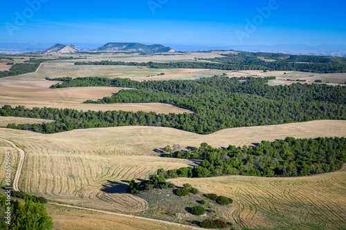 Farmland in Bardenas reales national park, seen from above, Bardenas reales national park, Navarro, Spain.