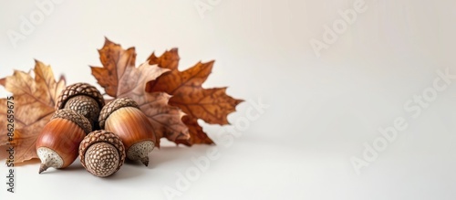 Acorns in fall on white backdrop with room for text, a copy space image. photo
