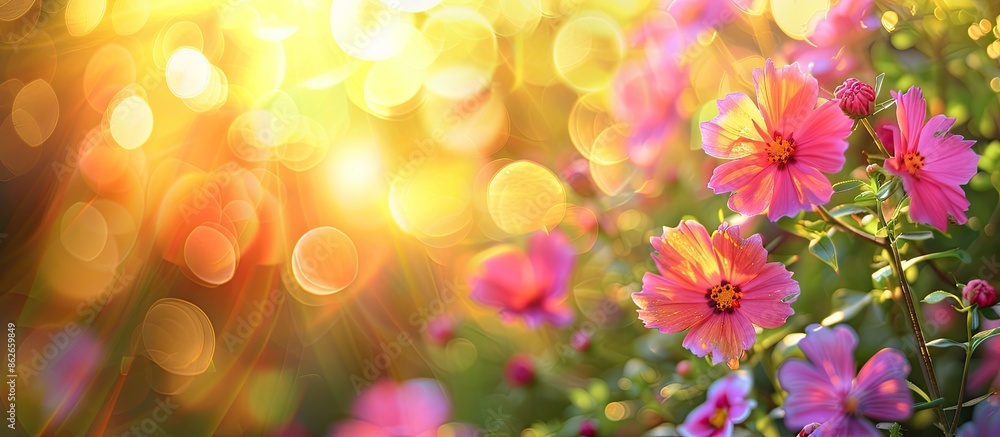 Floral banner featuring a sunrise in a garden with a blurred background and soft sunlight, perfect for a horizontal floral poster with close-up blooming flowers, set in a soft spring or summer style Floral banner featuring a sunrise in a garden with a blurred background and soft sunlight, perfect for a horizontal floral poster with close-up blooming flowers, set in a soft spring or summer style
