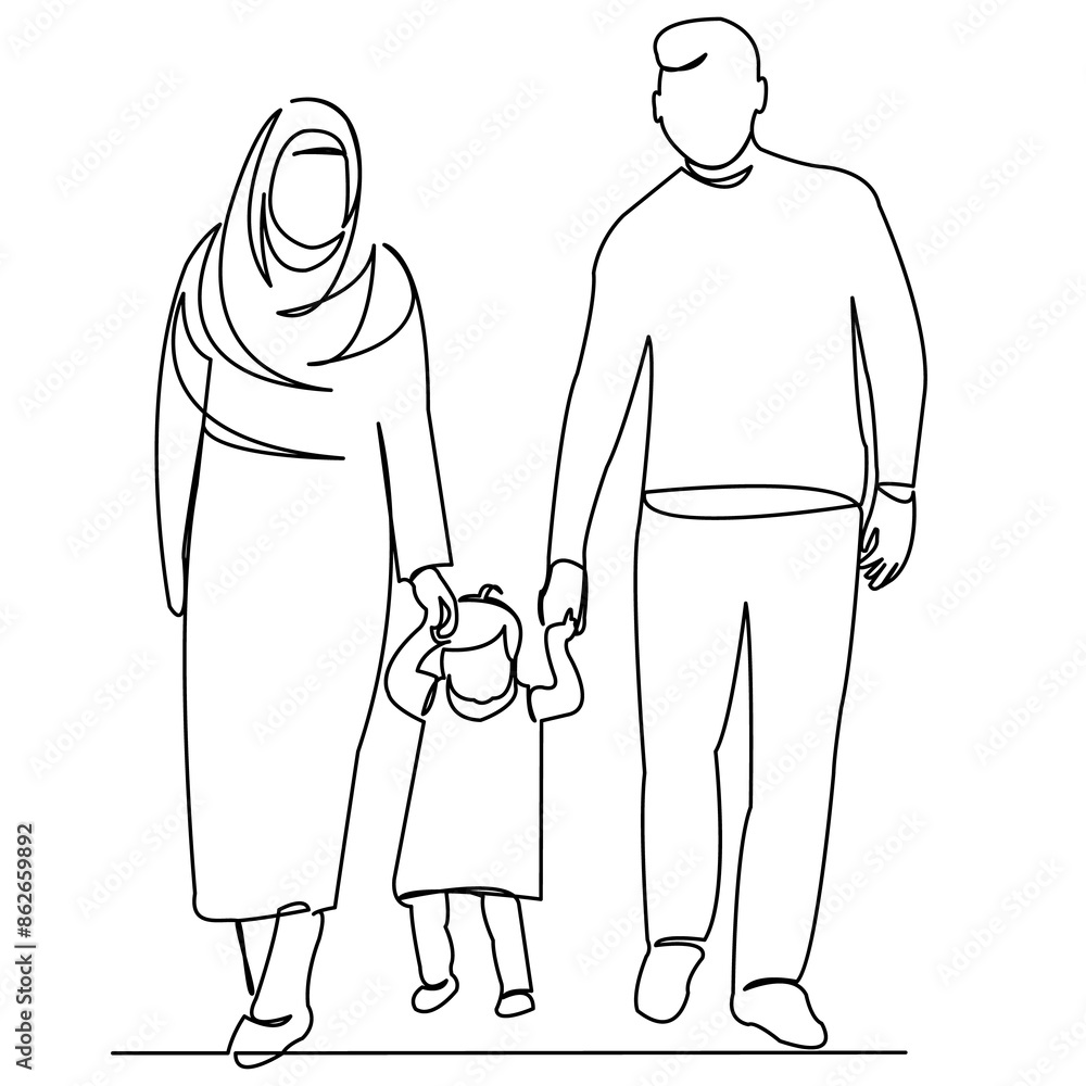 continuous single drawn one line Muslim family hand-drawn picture silhouette. Line art. Muslim family mom and dad continuous single drawn one line Muslim family hand-drawn picture silhouette. Line art. Muslim family mom and dad