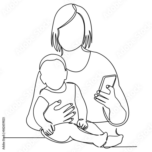 one continuous drawn line of a woman working in the office with a child on her hands painted by hand silhouette picture. Line art. single line