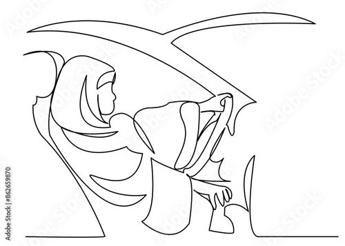 one line continuous painted muslim woman driving a car drawn by hand silhouette picture. Line art. character female Muslim woman in the zijab at the wheel. doodle
