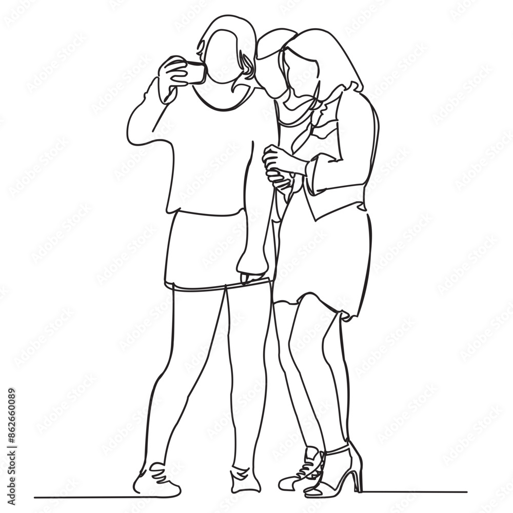 Fototapeta premium continuous single drawn one line of the girl shoots a selfie hand-drawn picture of the silhouette. Line art. photograph themselves on the phone