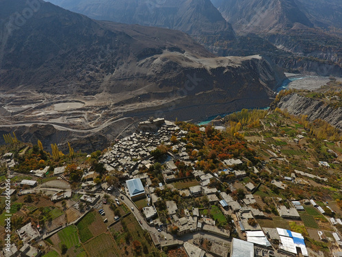 Aerial view of Himalayan peaks in Hopar Valley, Gilgit-Baltistan, Pakistan. photo