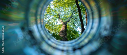 Viewing through a stainless steel pipe with a blurred green tree at the end in a copy space image.