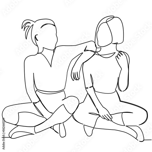 continuous single drawn one line two girlfriends talking hand-drawn picture silhouette. Line art.