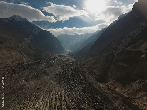 Aerial view of Majestic Karakoram Mountains and Glacier in Hopar Valley, Gilgit-Baltistan, Pakistan. photo