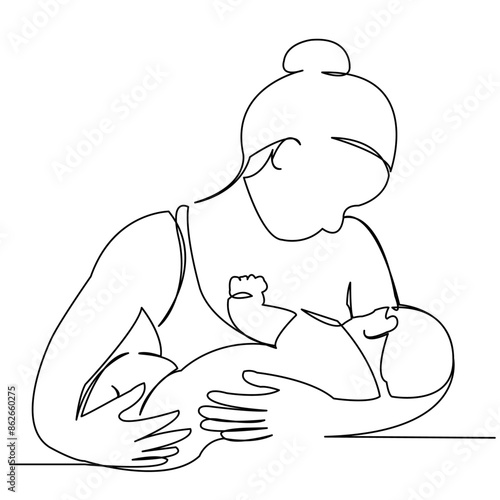 continuous single drawn one line woman is breastfeeding a child drawn picture silhouette. Line art. character mother feeds a newborn baby.Doodle
