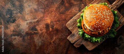 Burger with fish patty on a rustic wooden board, with ample copy space image. photo