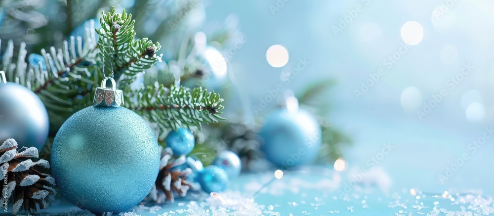Blue background Christmas setting with space for holiday message in a greeting card copy space image. Blue background Christmas setting with space for holiday message in a greeting card copy space image.