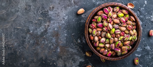 Wooden bowl filled with peeled pistachios displayed in both raw and roasted forms, with a blank space in the image for text or designs. Copy space image. Place for adding text and design