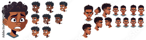 A cute boy avatar face creation kit with cute hair, emotions, mouth and eye design to use as a template for a game.