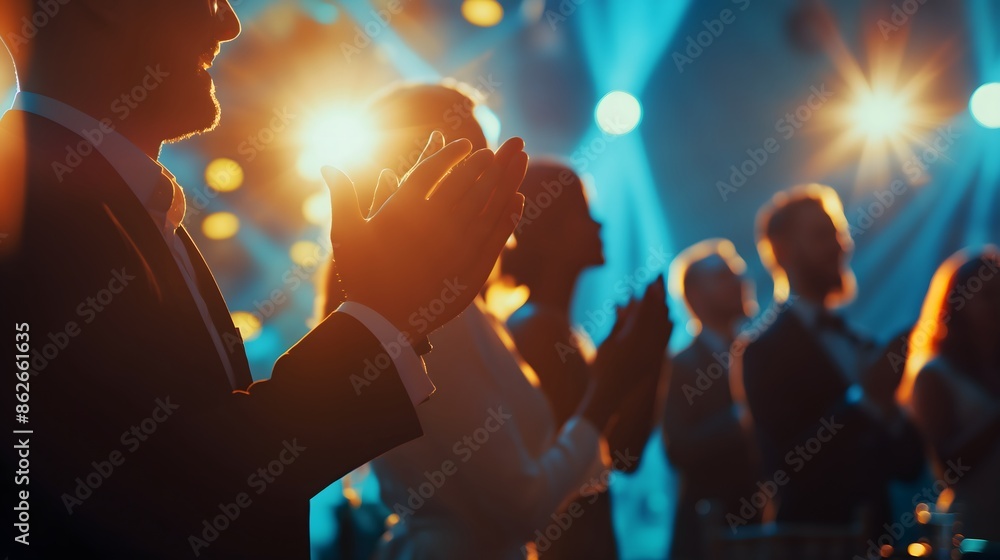 3. A group of diverse professionals applauding a colleague receiving an award, with a spotlight illuminating the recipient against a blurred corporate setting, celebrating excellence in business.