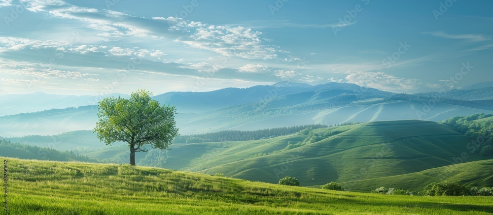 Fototapeta premium Lonely tree on a mountain meadow, set against rolling hills and a striking blue sky. Morning landscape with space for text. Image suitable for wallpaper or desktop background. Copy space image