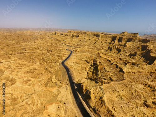 Aerial view of desert road winding through mountains, Ormara, Balochistan, Pakistan. photo