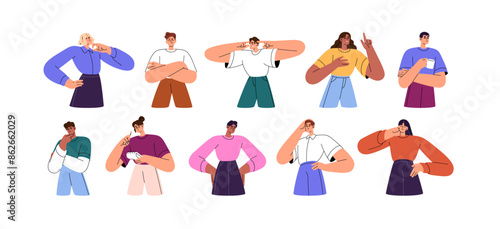 Thoughtful people think about questions set. Different men and women with puzzled facial expressions doubt about decisions. Thoughts, ideas. Flat isolated vector illustrations on white background