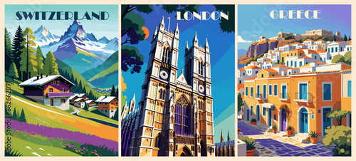 Set of Travel Destination Posters in retro style. Switzerland, London, England, Greece landscape digital prints. European summer vacation, holidays concept. Vintage vector colorful illustrations.	