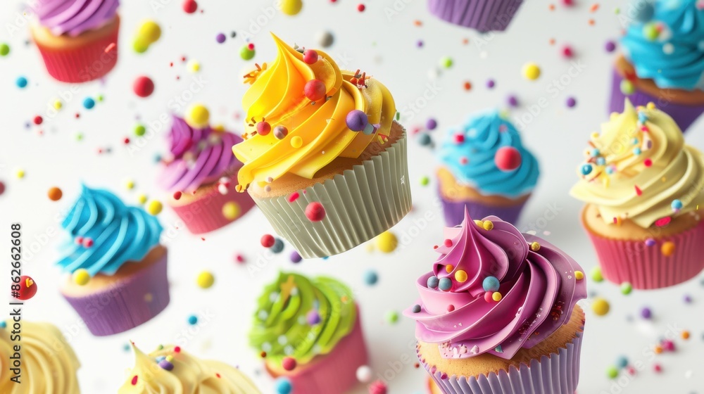 Colorful Cupcakes with Sprinkles Flying in the Air Colorful Cupcakes with Sprinkles Flying in the Air
