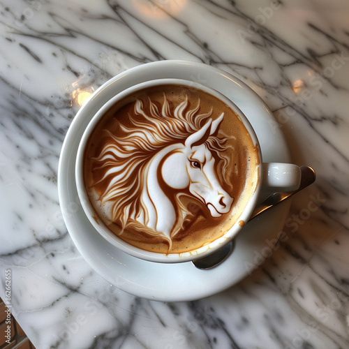 Latte art design: brewed cappuccino coffee with frothed milch cream shaped as horse head