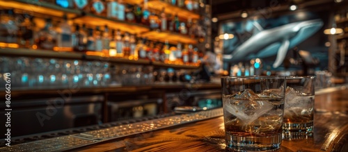 stylish bar interior accented by two thick bottom glasses filled with vodka and ice on a rustic wooden bar counter. The bar is lined with various liquor bottles on shelves © Xabi