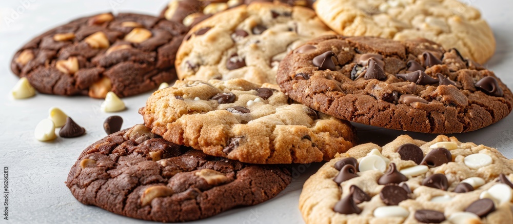 Assorted cookies including chocolate chip, oatmeal raisin, and white chocolate, displayed on a table with copy space image. Assorted cookies including chocolate chip, oatmeal raisin, and white chocolate, displayed on a table with copy space image.