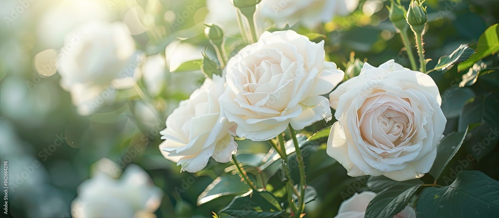 White roses in full bloom on a garden bush with copy space image. White roses in full bloom on a garden bush with copy space image.