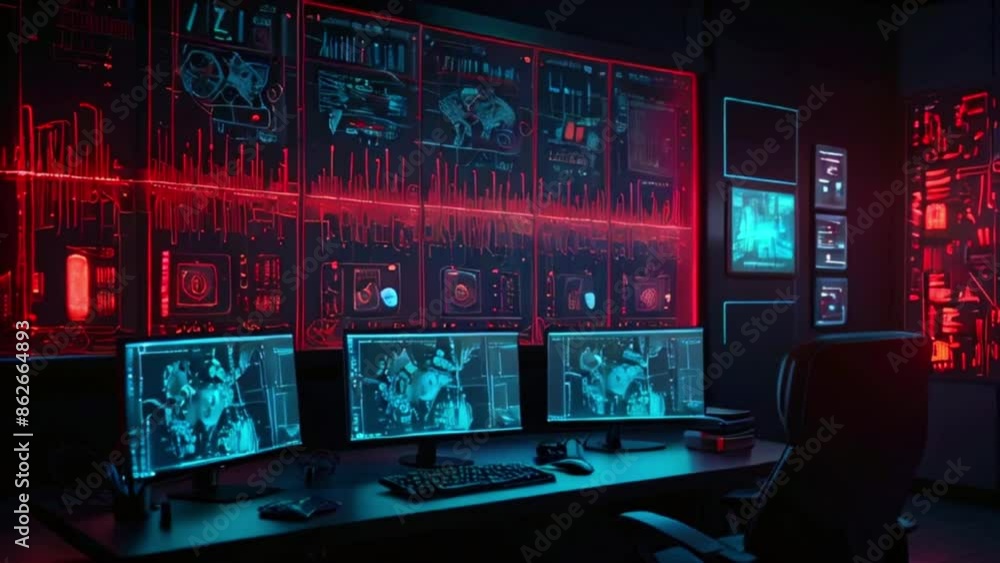 A dark room with multiple computer monitors displaying lines of code ...