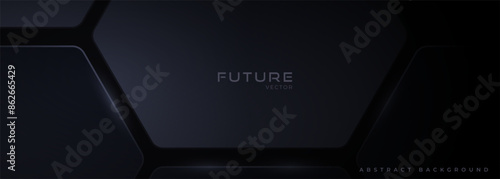 Black 3D elegant futuristic technology background with future design concept. Dark abstract modern wide horizontal backdrop for poster, banner, social media, cover, website, brochure, advertising.