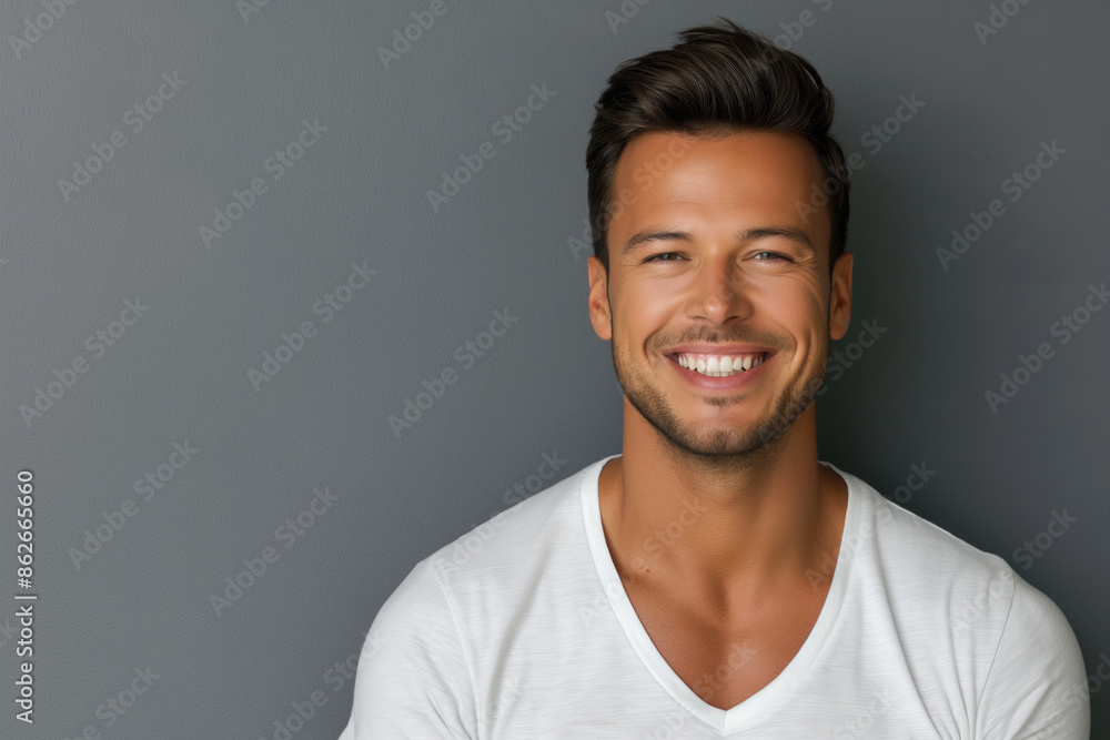 Smiling Young Man in White T-Shirt Against Gray Background. Smiling Young Man in White T-Shirt Against Gray Background.