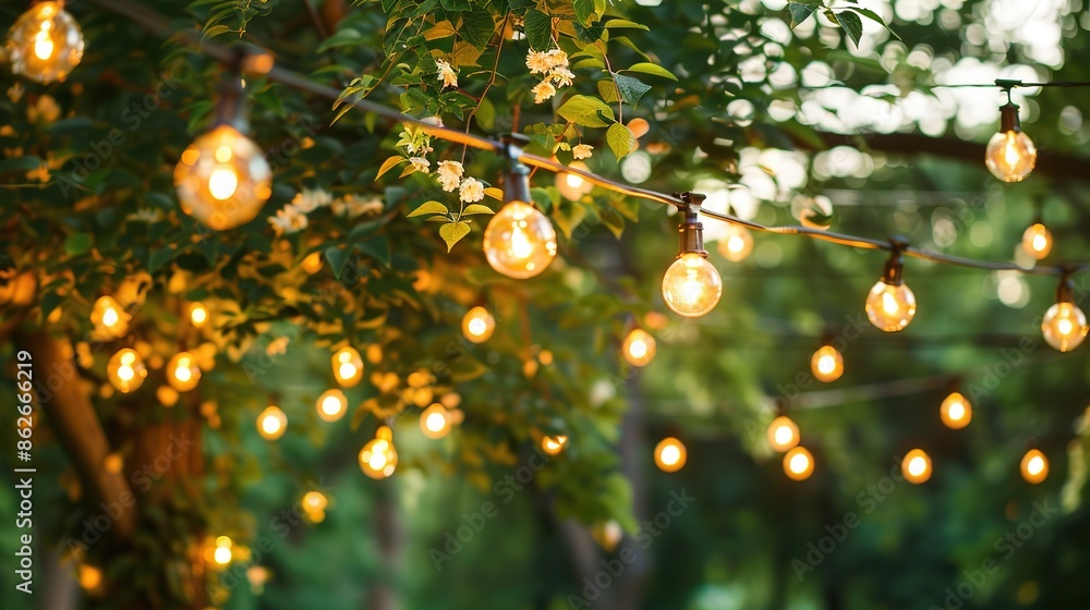 Elegant Garden String Lights Hanging in a Backyard for Summer Party Decoration. Warm Light Bulbs Create Vintage Outdoor Ambiance for Wedding or Festival Celebration on a Natural Background. Elegant Garden String Lights Hanging in a Backyard for Summer Party Decoration. Warm Light Bulbs Create Vintage Outdoor Ambiance for Wedding or Festival Celebration on a Natural Background.