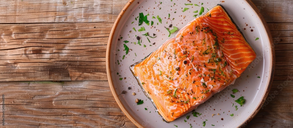 Top view of a cooked salmon fillet on a plate against a wooden background with copy space image. Top view of a cooked salmon fillet on a plate against a wooden background with copy space image.