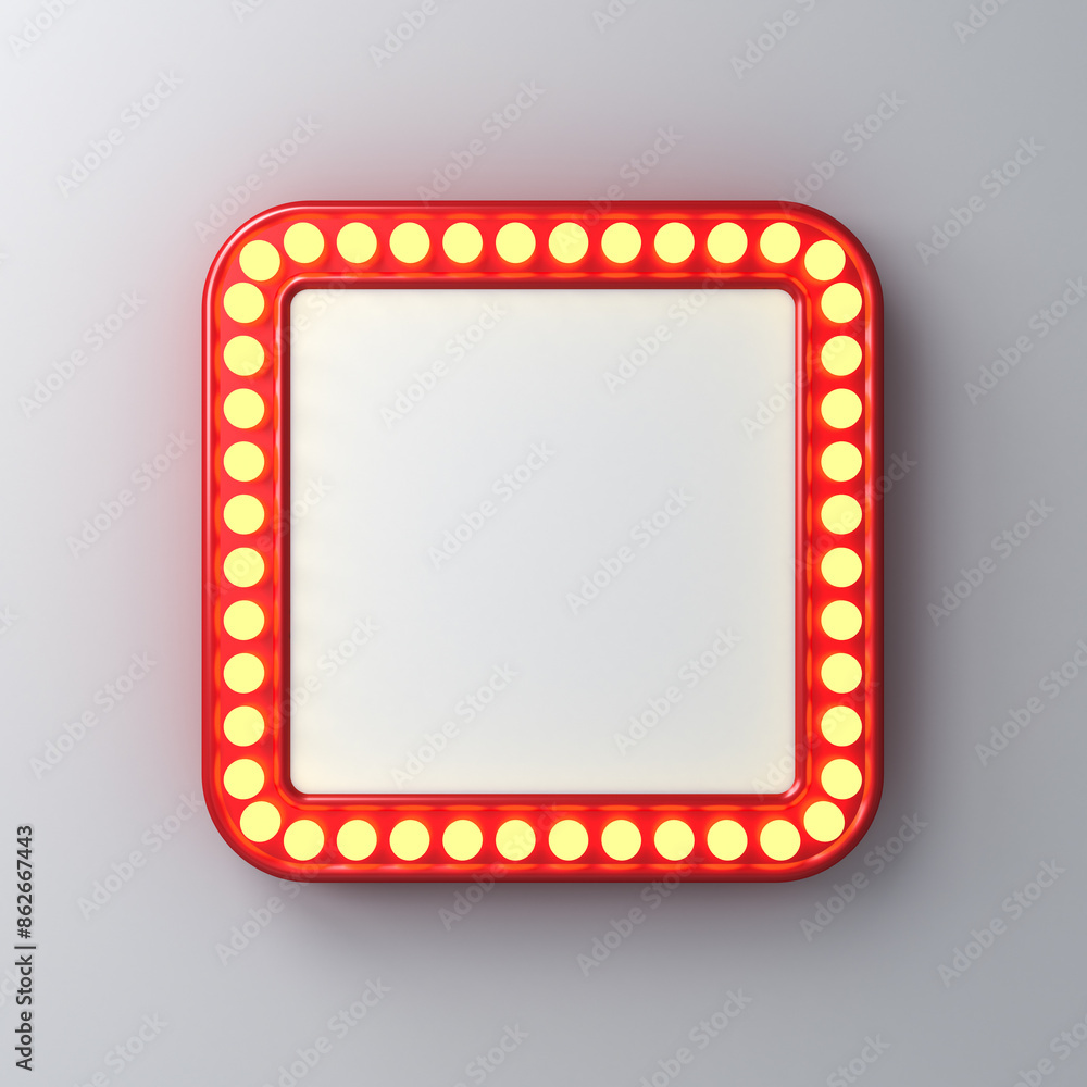 Blank retro round square billboard or blank white signboard sign with glowing yellow neon light bulbs isolated on dark white grey wall background with shadow 3D rendering Blank retro round square billboard or blank white signboard sign with glowing yellow neon light bulbs isolated on dark white grey wall background with shadow 3D rendering