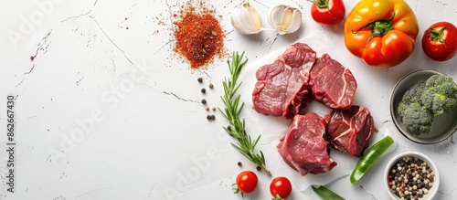 Cajun rump beef ingredients with veggies and spices on a bright white copy space image. photo