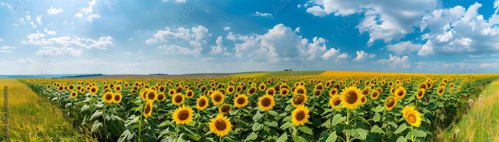 Fototapeta premium Stunning Field of Radiant Sunflowers Under a Bright Summer Sky