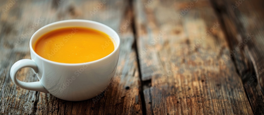 A white mug containing homemade pumpkin soup is placed on a wooden surface background. Promotes healthy eating habits with copy space image for detail. A white mug containing homemade pumpkin soup is placed on a wooden surface background. Promotes healthy eating habits with copy space image for detail.