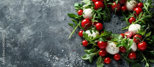Festive vegetarian charcuterie wreath featuring mozzarella, cherry tomatoes, and arugula on a stone concrete backdrop for a stylish presentation with room for additional elements in the image. photo