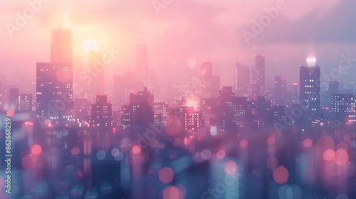 Blurry Dreamlike Cityscape with Pastel Sunset Glow and Bokeh Lights