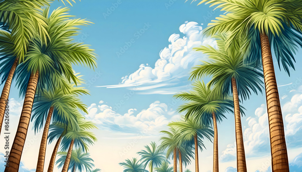 Fototapeta premium Green palm trees in a row at the roadside