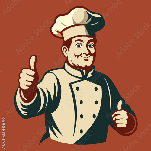 Stylish restaurant chef wearing a European chef's hat, with his thumb raised in approval, smiling as he walks towards something