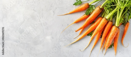 Vibrant organic carrots displayed on a white backdrop with ample copy space image.